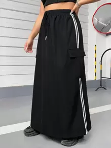 SHEIN EZwear Plus Size Side Stripe Drawstring Waist Cargo Skirt