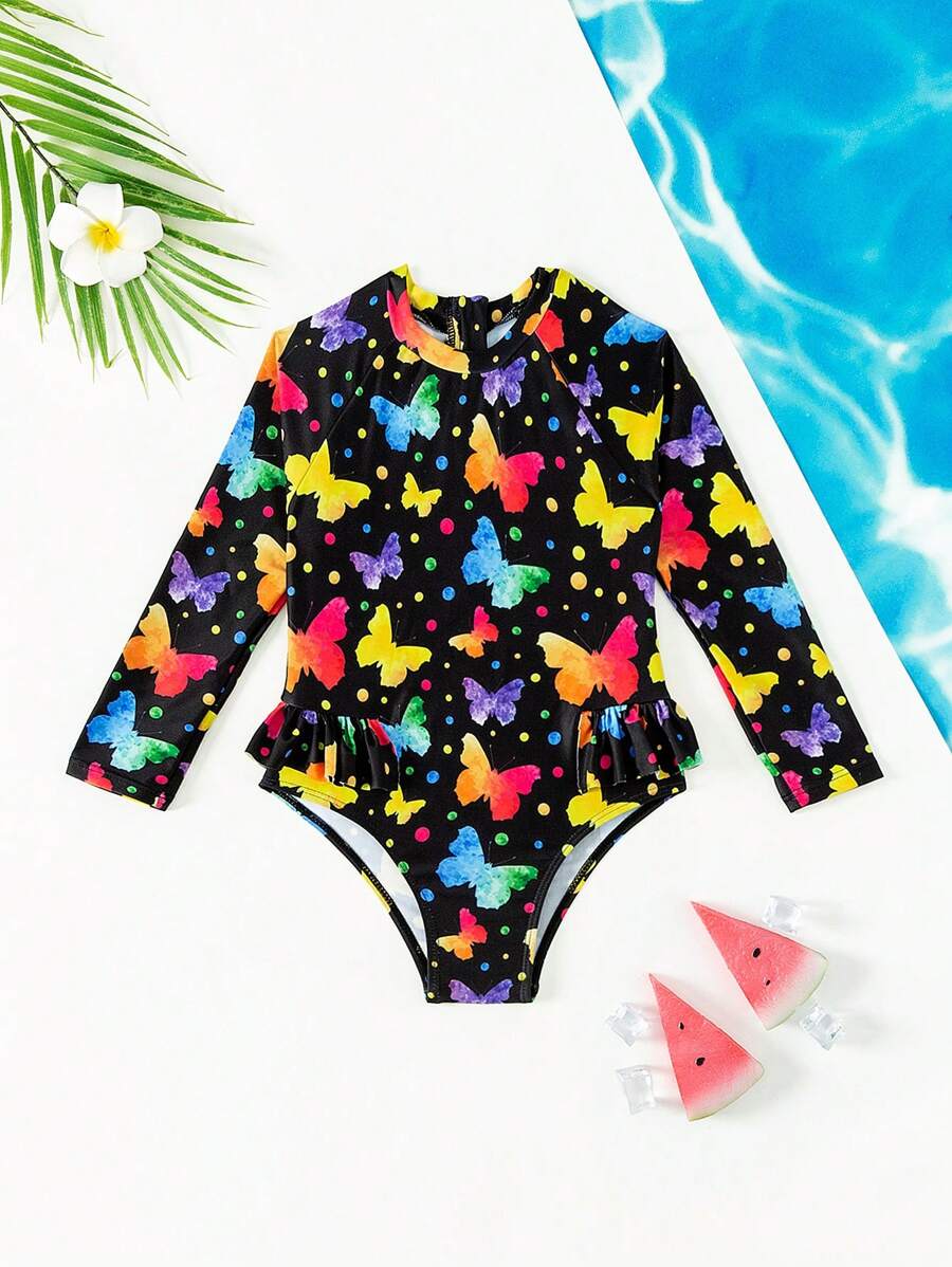 Young Girl Butterfly Printed One-Piece Swimsuit - Multicolor - View 1