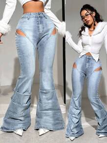 SHEIN ICON Women's Low-Rise Tight Holes Stretch Flared Jeans - Blue - View 1