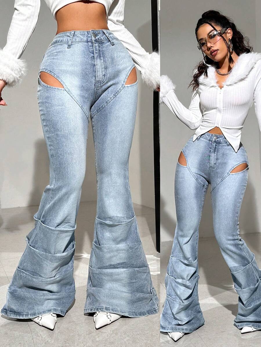 SHEIN ICON Women's Low-Rise Tight Holes Stretch Flared Jeans - Blue - View 1