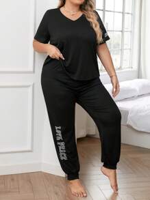 Plus Size Women's Letter Printed Short Sleeve Top And Pants Pajama Set, Outfits - Black - View 2