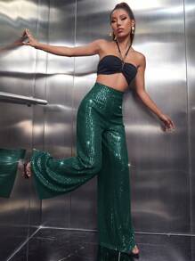 SHEIN Allurite 高腰閃亮長褲 - 墨綠色 - 查看 6