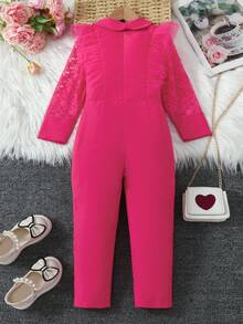 SHEIN 幼兒女童粉紅蕾絲網布拼接長袖連身褲 - 玫紅色 - 查看 2
