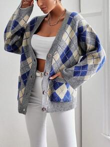 EURMUSE Women'S Diamond Check Cardigan - Grey - View 3