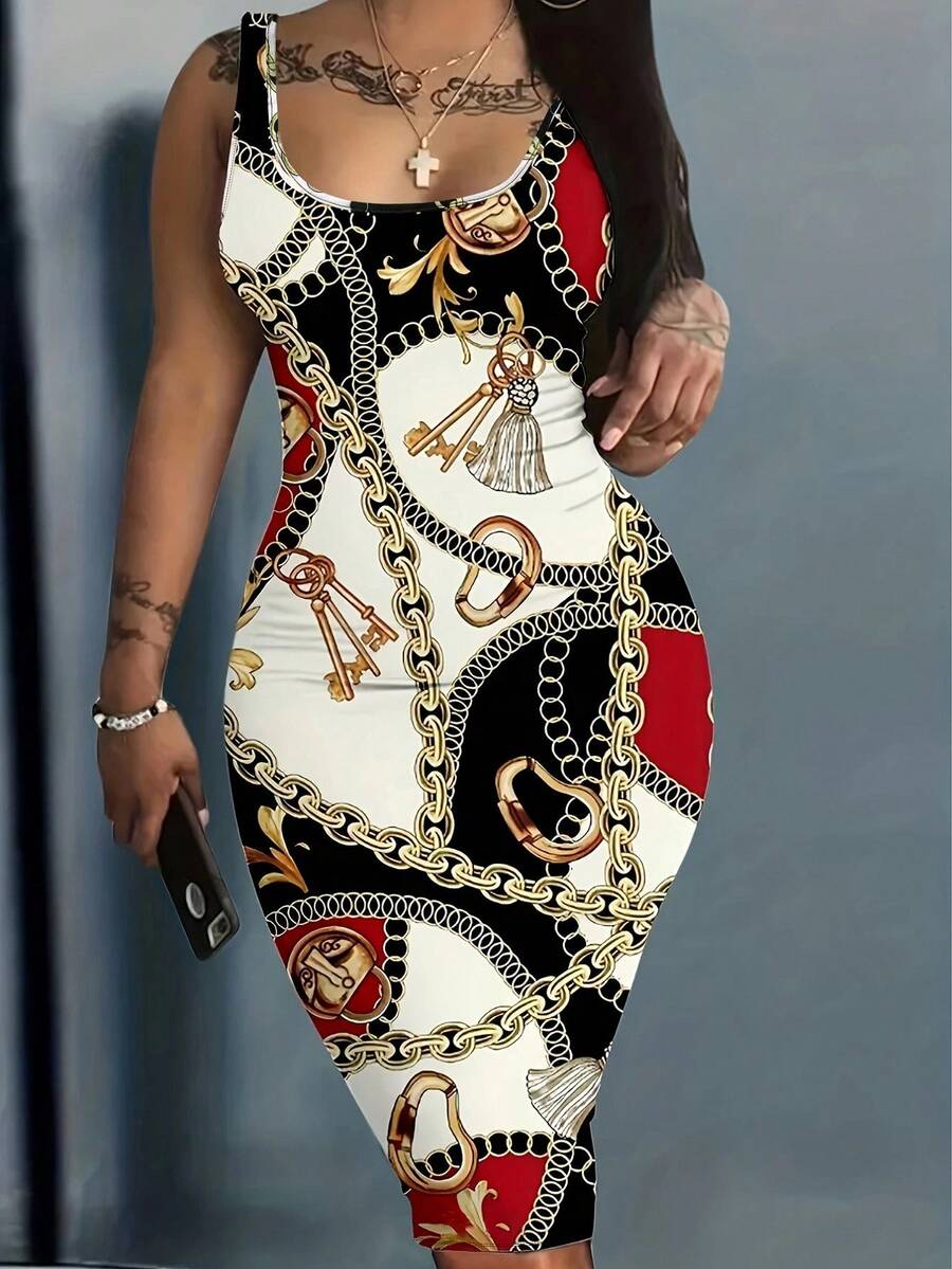 Plus Size Women's Chain Printed Dress - Black and White - View 1