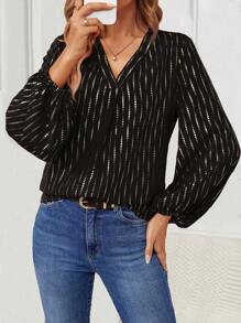 SHEIN Clasi V領燈籠袖休閒襯衫 - 黑色 - 查看 3