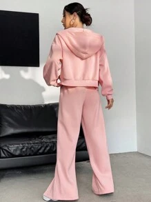 SHEIN Unity Zip Up Drop Shoulder Hoodie & Split Hem Pants - Pink - View 2