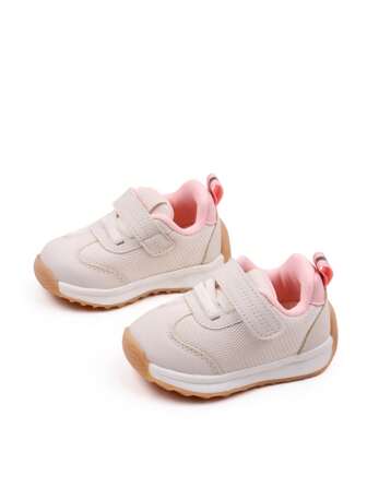 1 双粉色婴幼儿网眼和 PU 拼接低帮魔术贴运动鞋，可调节，防滑鞋底，适合户外使用