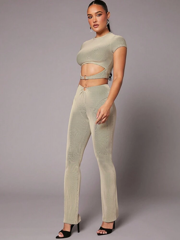 O-Ring Ribbed Knit Top & Pants Two Pieces Set
