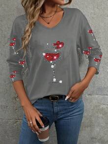 SHEIN LUNE Ladies' Wine Glass Print T-Shirt - Grey - View 3