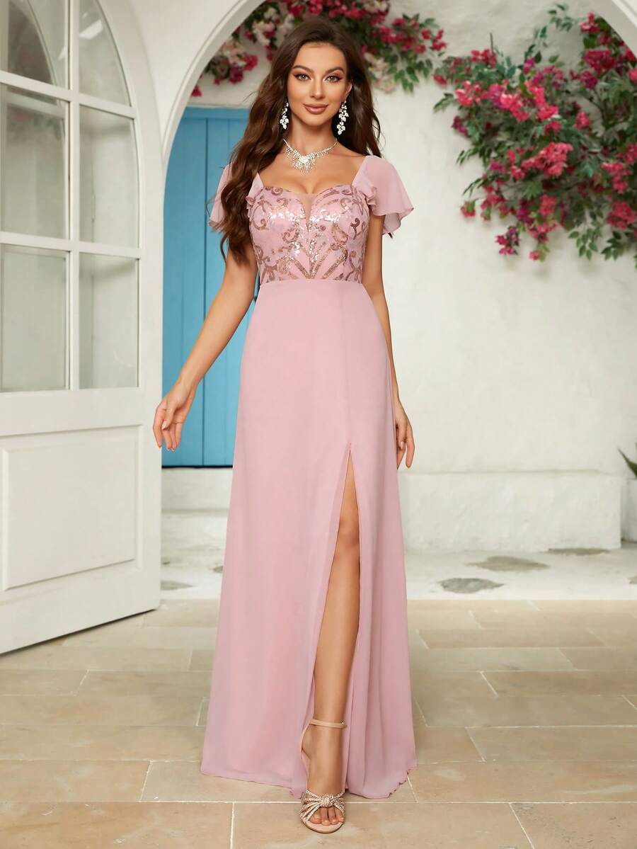 [Non Position Print] Elegant Chiffon Dress - Pink - View 1