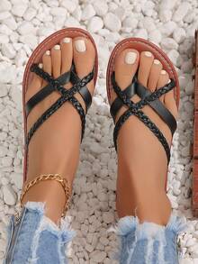 2023春季新款大尺碼女士編織鞋帶輪指扁平涼鞋,適用於休閒穿著,國際貿易 - 黑色 - 查看 6