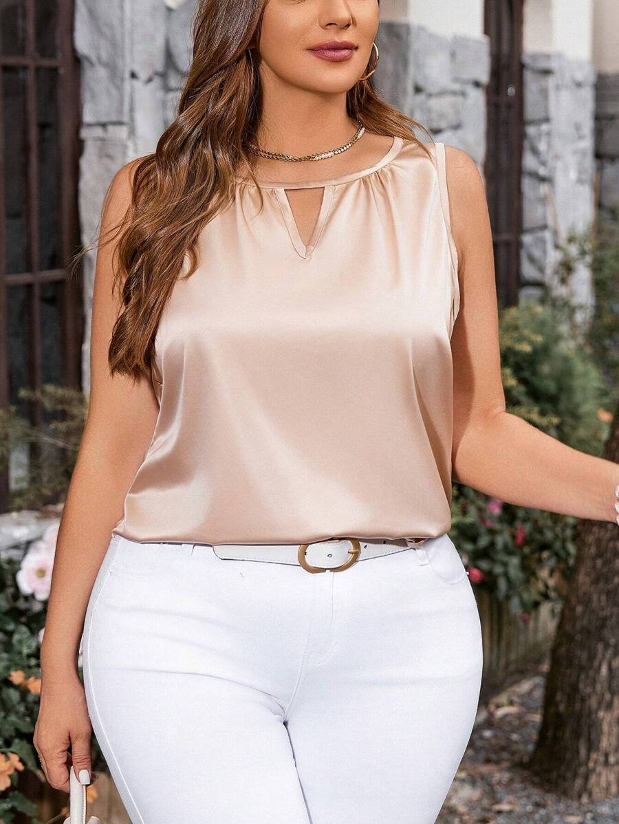 SHEIN Clasi Plus Size Women'S Sleeveless Shirt With Keyhole Neckline - Apricot - View 1