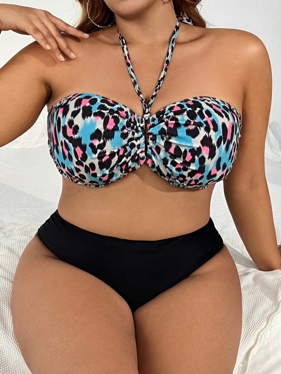 SHEIN Swim Curve Áo bikini hở lưng họa tiết da báo cỡ lớn mùa hè Carnival dành cho nữ - Nhiều màu - Xem 1