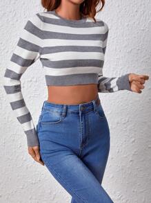 SHEIN Essnce 女性條紋長袖毛衣 - 灰色 - 查看 5