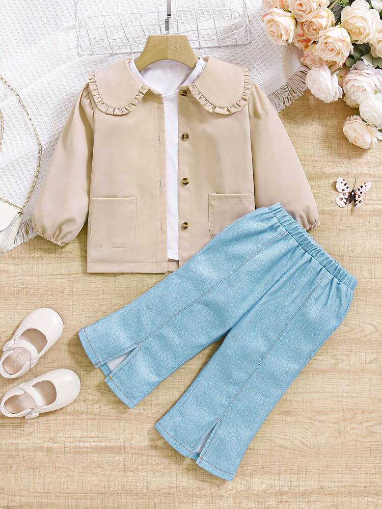 Baby Girl Peter Pan Collar Long Sleeve Shirt And Flared Pants Set