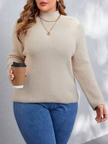 SHEIN LUNE Áo len cổ cao ấm áp dành cho nữ cỡ lớn, thích hợp cho mùa thu đông. - Màu be - Xem 6