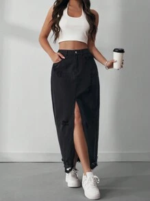 SHEIN EZwear 女式仿舊前開衩牛仔裙 - 黑色 - 查看 2