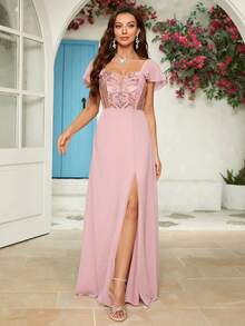 [Non Position Print] Elegant Chiffon Dress - Pink - View 3