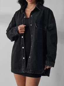 SHEIN EZwear Denim Jacket With Flap Pockets And Drop Shoulder