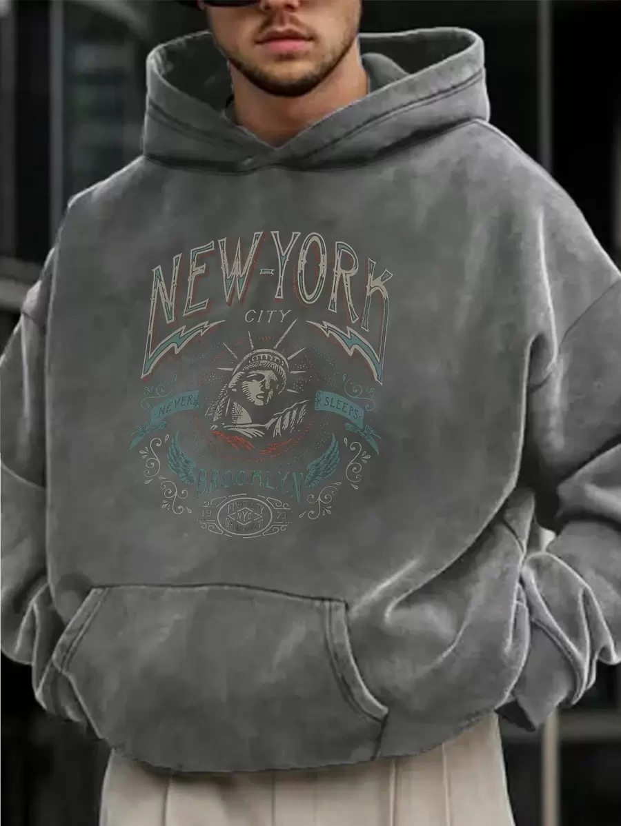 男士字母和自由女神像印花袋鼠口袋落肩连帽衫，长袖上衣 - 深灰色 - 查看 1