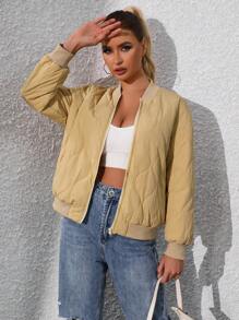 SHEIN LUNE 拉鍊前方拼接夾棉外套 - 卡其色 - 查看 4