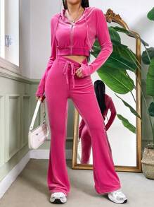 SHEIN EZwear Rhinestone Letter Pattern Zip Up Velvet Hoodie And Flare Pants Set - Pink - View 2