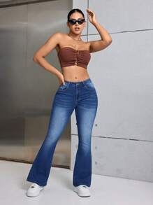 SHEIN SXY 女式修身牛仔喇叭褲 - 深色水洗藍 - 查看 6