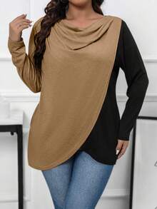 SHEIN LUNE Plus Size Women's Loose Cowl Collar Contrast Color T-Shirt - Multicolor - View 3