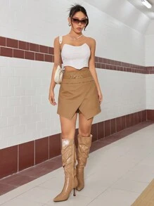 Zolique Damen Shorts mit asymmetrischem Saum und Ketten Dekor - Khaki - Übersicht 6