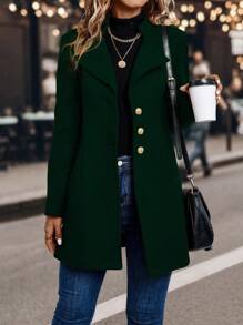 SHEIN Clasi Ladies' Solid Color Overcoat With Single Breasted Design, Ladies Late Fall Casual, Elegant Button Regular Sleeve Waterfall Regular Fit Dark Green Plain Women Overcoats, Casual Daily Wear - Dark Green - View 5