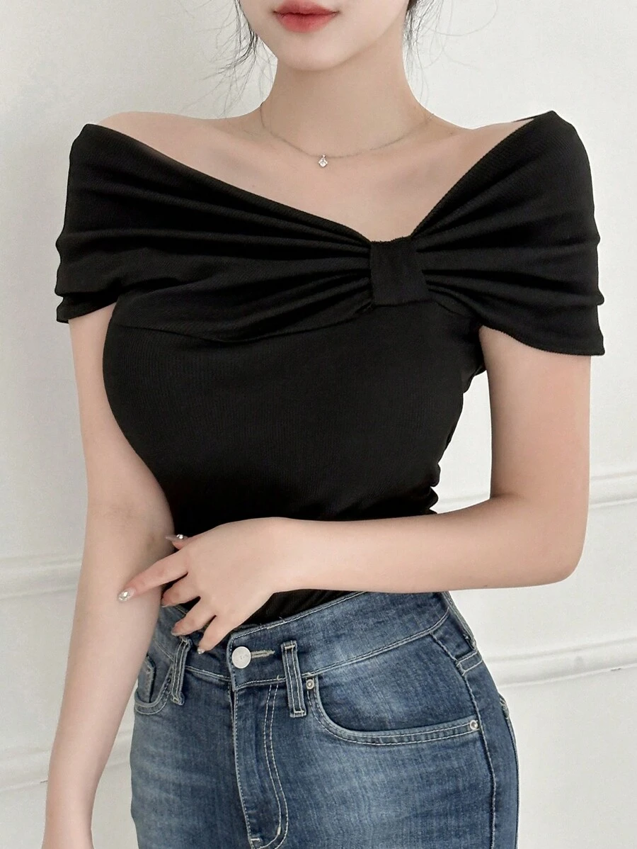 DAZY Women's Elegant Solid Color Off-Shoulder Ruched Fitted T-Shirt,Off Shoulder Top - Black - View 1