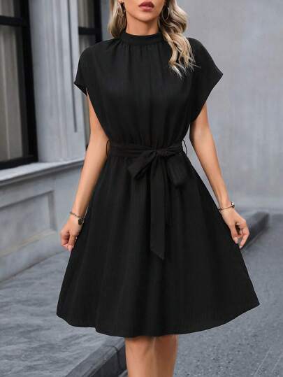 SHEIN Clasi Stand Collar Batwing Sleeve Belted Modest Dress