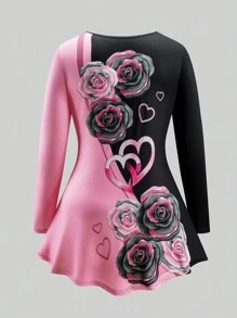 EMERY ROSE 2 件大码针织高腰 A 字喇叭裤粉色爱心和玫瑰印花套装：紧身打底裤，情人节