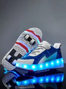 兒童升級版升級版腳跟輪鞋,配有四個輪子以增加穩定性和自動收縮輪子,耐用的鞋面材料和防撞頭帶led燈和可充電多種模式,可拆卸雙用運動鞋 - 彩色 - 查看 1