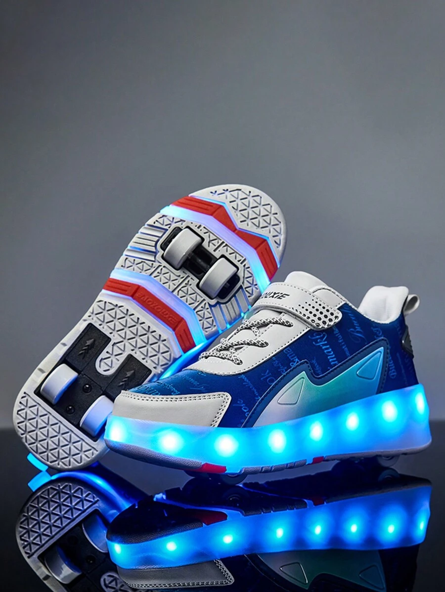 兒童升級版升級版腳跟輪鞋,配有四個輪子以增加穩定性和自動收縮輪子,耐用的鞋面材料和防撞頭帶led燈和可充電多種模式,可拆卸雙用運動鞋 - 彩色 - 查看 1