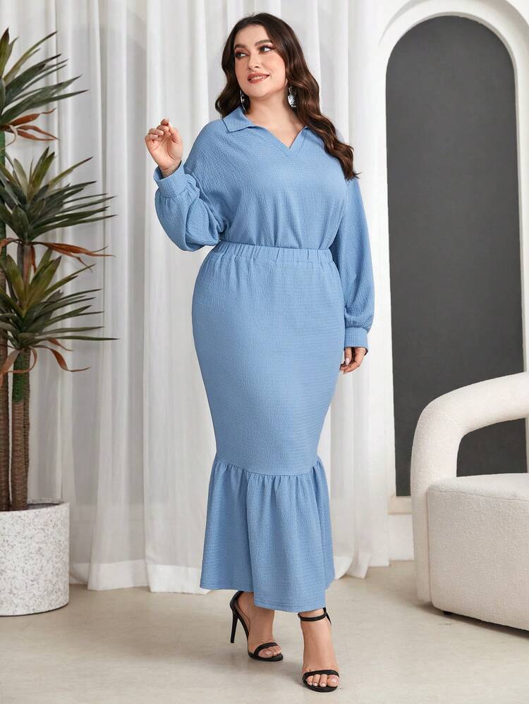 Plus Size Women'S Turn-Down Collar Top And Mermaid Hem Skirt Two Pieces Set 2 Pieces Set