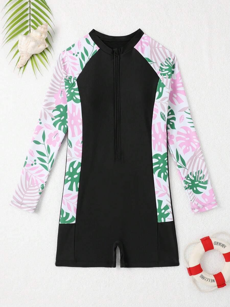 SHEIN Tween Girls' Long Sleeve One Piece Swimsuit With Tropical Plant Print - Pink - View 1