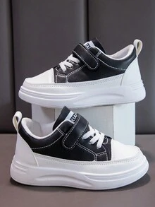 春季新款男女童運動鞋,厚底皮革休閒白色設計,適合兒童、幼童和青少年 - 黑與白 - 查看 5