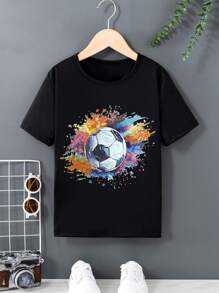 SHEIN 男童夏季足球圖案短袖t卹 - 黑色 - 查看 1