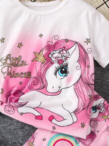 SHEIN Conjunto De 2 Piezas De Manga Corta Con Estampado De Unicornio Para Niña (pequeña) - Multicolor - Ver 3