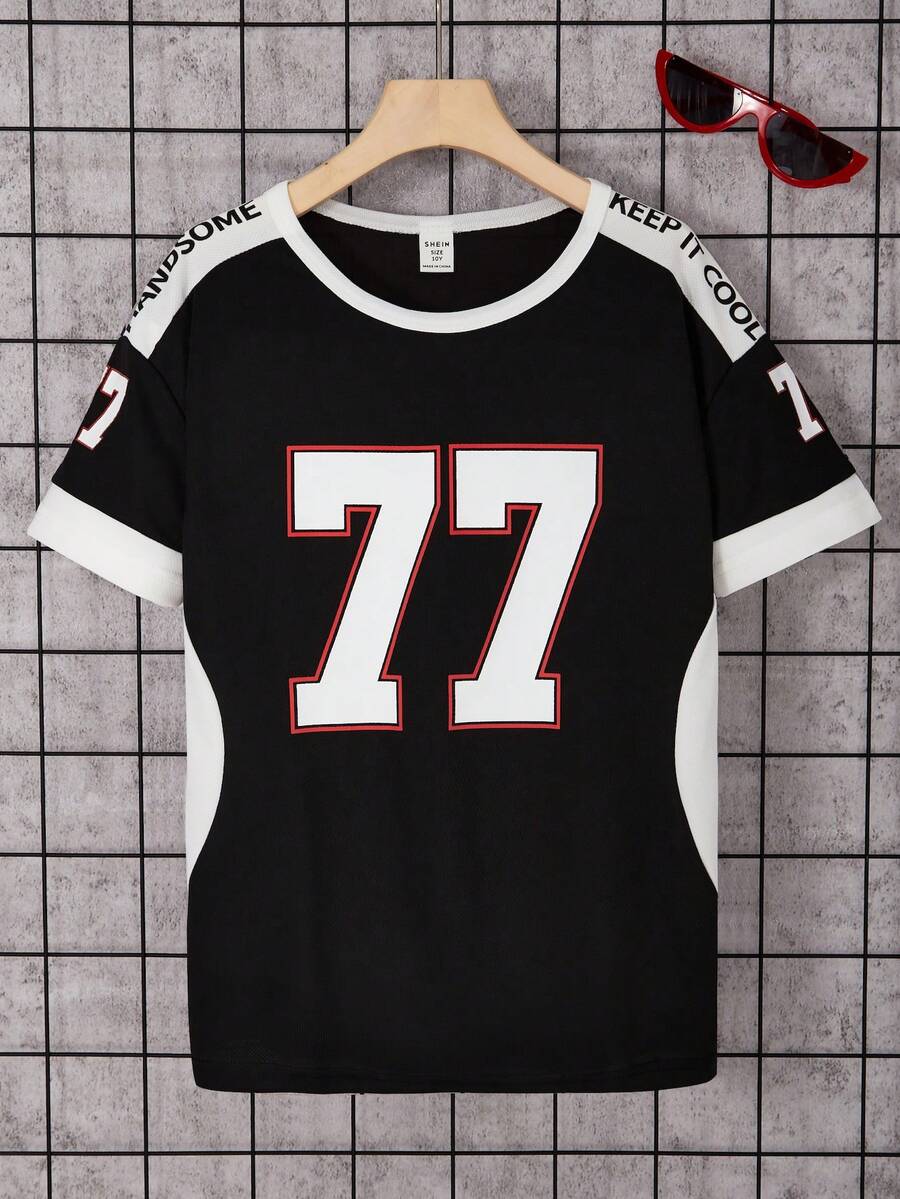SHEIN Cậu bé Tween Giải trí Thể thao Lá thư In Ngắn tay Áo thun - màu đen - Xem 1