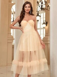 SHEIN Belle Women's Bowknot Twisted Sheer Dress With Full Swing, Dreamy And Elegant For Cocktail Party - Champagne - View 2