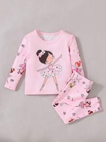 SHEIN Em bé Cô gái Vừa Khít Dễ thương Cô gái múa ba lê In Màu hồng Tay áo dài Áo thun Và Quần Bộ Đối với Đơn giản Và Giải trí Đồ ngủ - Hồng - Xem 3