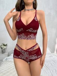 Women's Flower Embroidery Pajama Sets - Burgundy - View 3