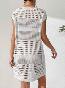 Breezaya 女士度假休闲纯色镂空针织罩衫 - 白色 - 查看 2