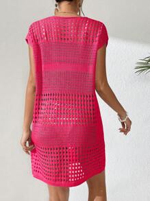 Breezaya Ladies' Hollow Out Batwing Short Sleeve Cover Up Dress Summer - Hot Pink - View 2