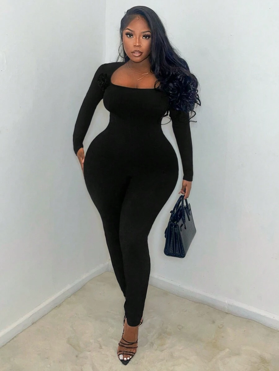 Slaydiva Của phụ nữ Màu thuần Cổ vuông Áo liền quần - Xám - Xem 1