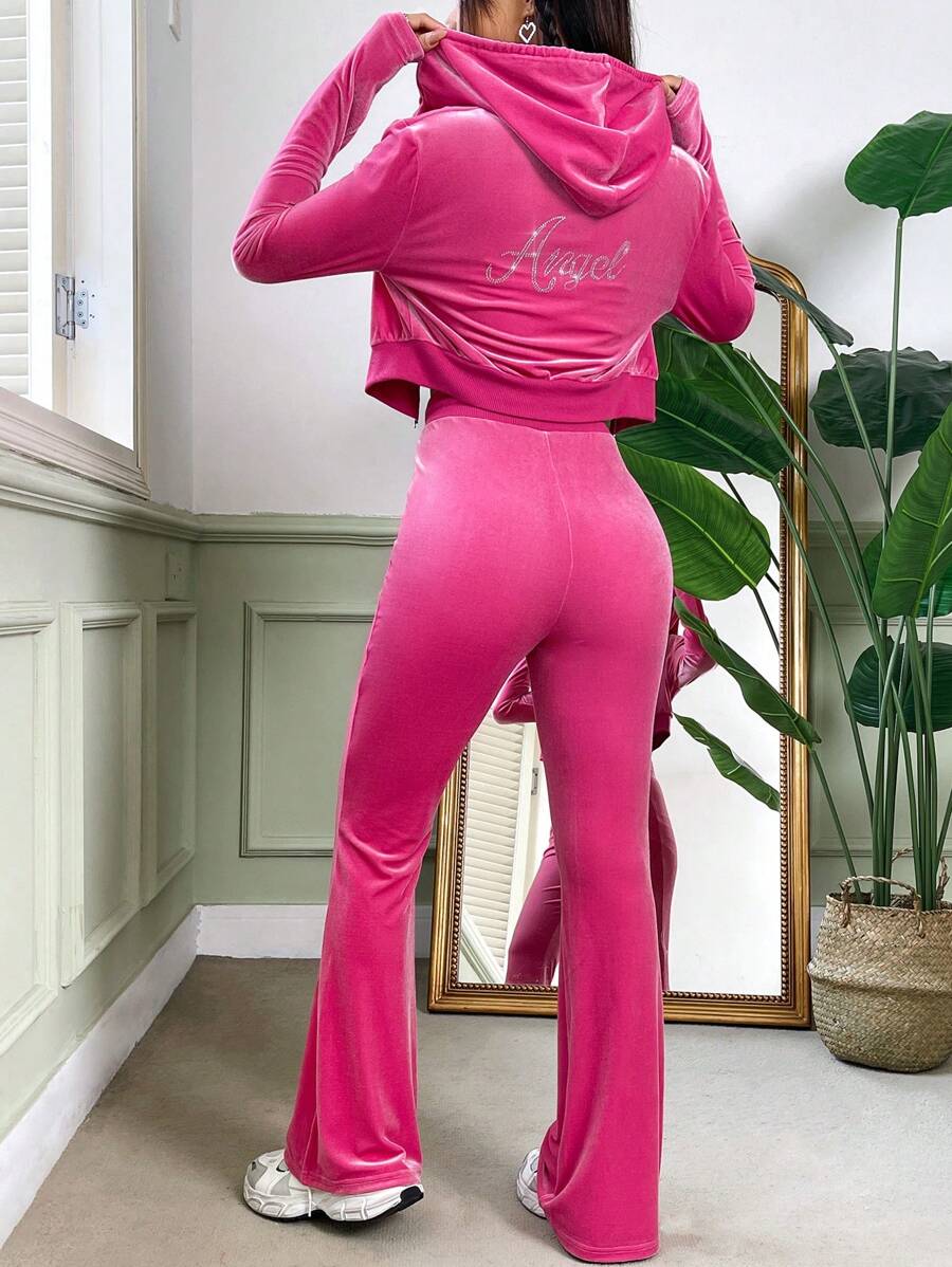 SHEIN EZwear Rhinestone Letter Pattern Zip Up Velvet Hoodie And Flare Pants Set - Pink - View 1