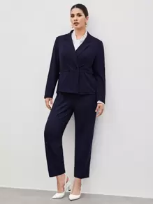 BizChic 大尺碼翻領長袖西裝外套和褲子套裝 - 藏蓝色 - 查看 5